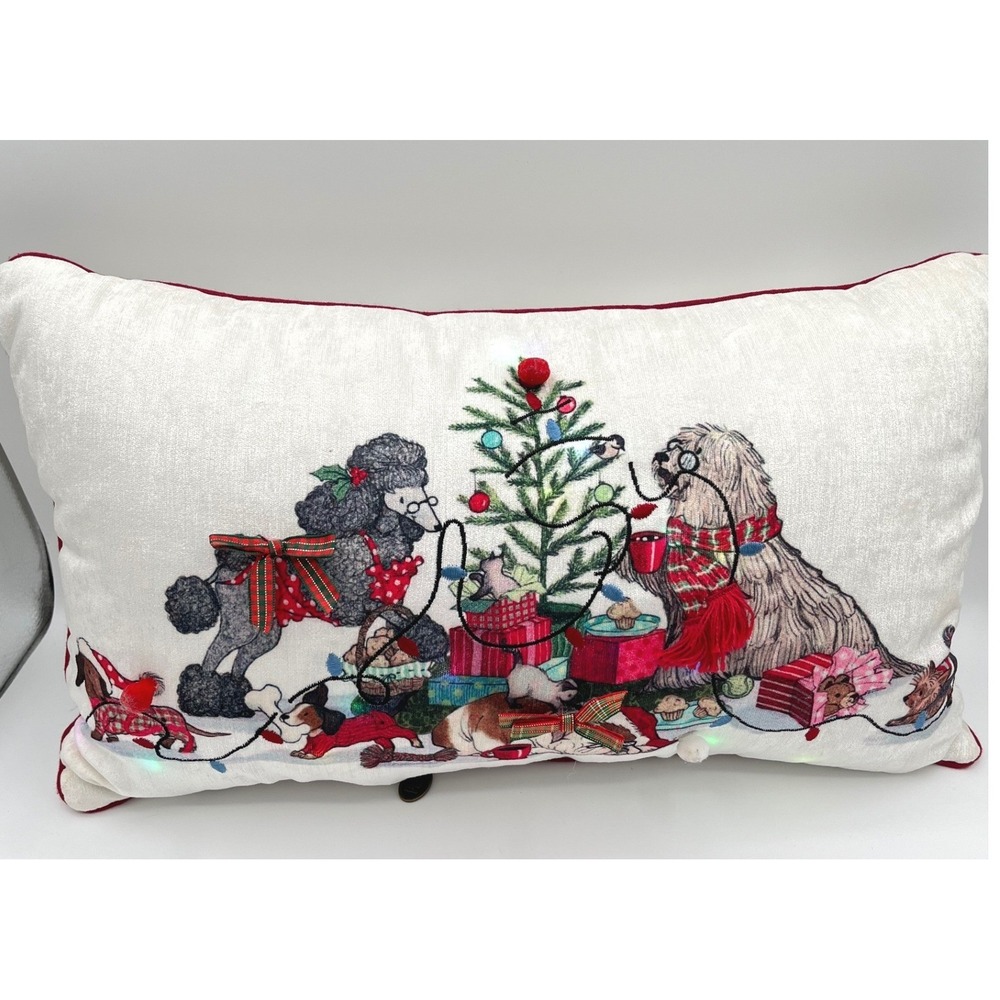 Pier 1 Christmas Dog Holiday Light Up Decorative Pillow Poodle Sheepdog LED